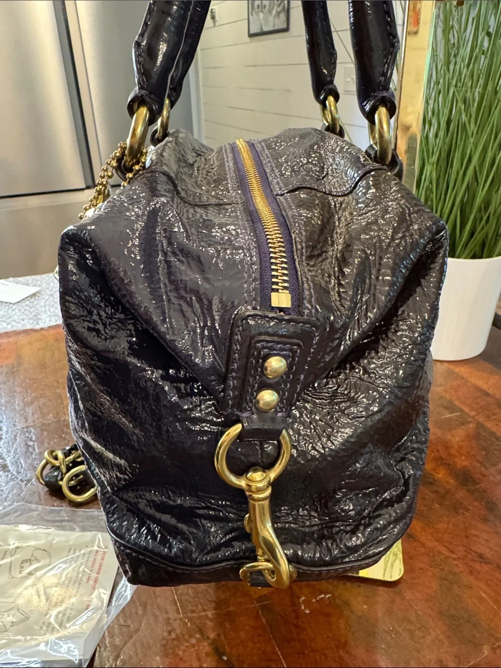Coach Sabrina Patent Leather Satchel in Deep Purple with Gold Hardware